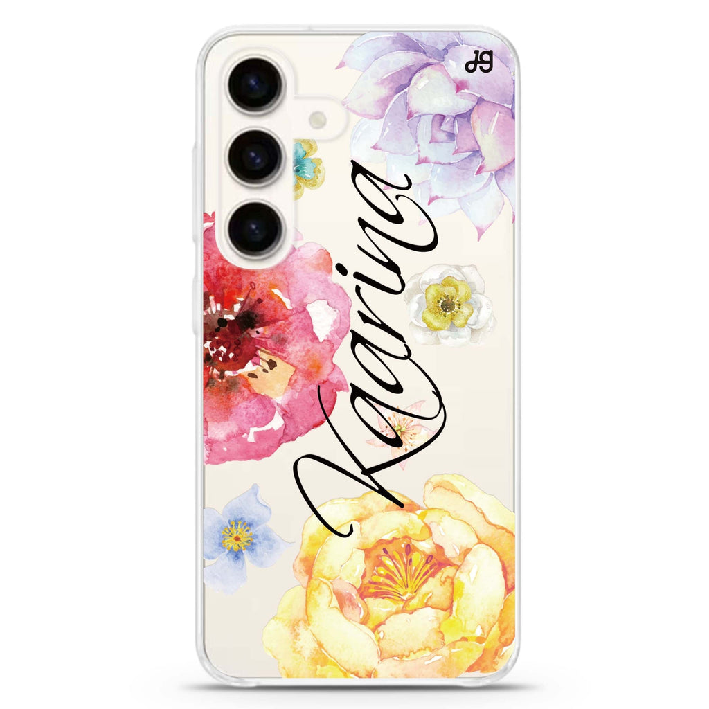 Colorful Watercolor Flowers Samsung Galaxy S26/S25/S24 可加名字水晶透明保護殼正面展示