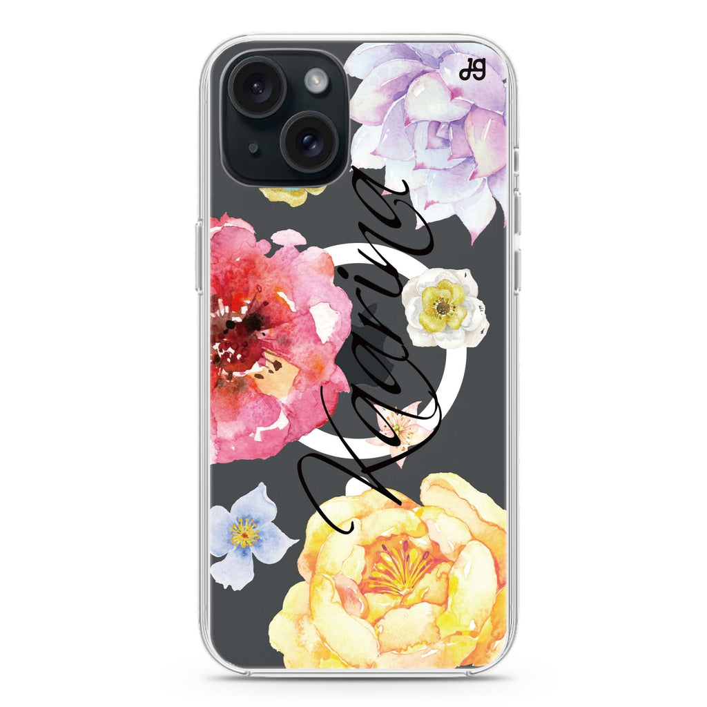 Colorful Watercolor Flowers iPhone 15 Plus Magsafe 兼容水晶透明保護殼