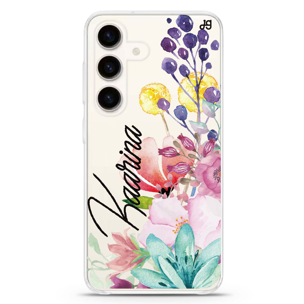 Precious Garden Florals Samsung Galaxy S26/S25/S24 可加名字水晶透明保護殼正面展示