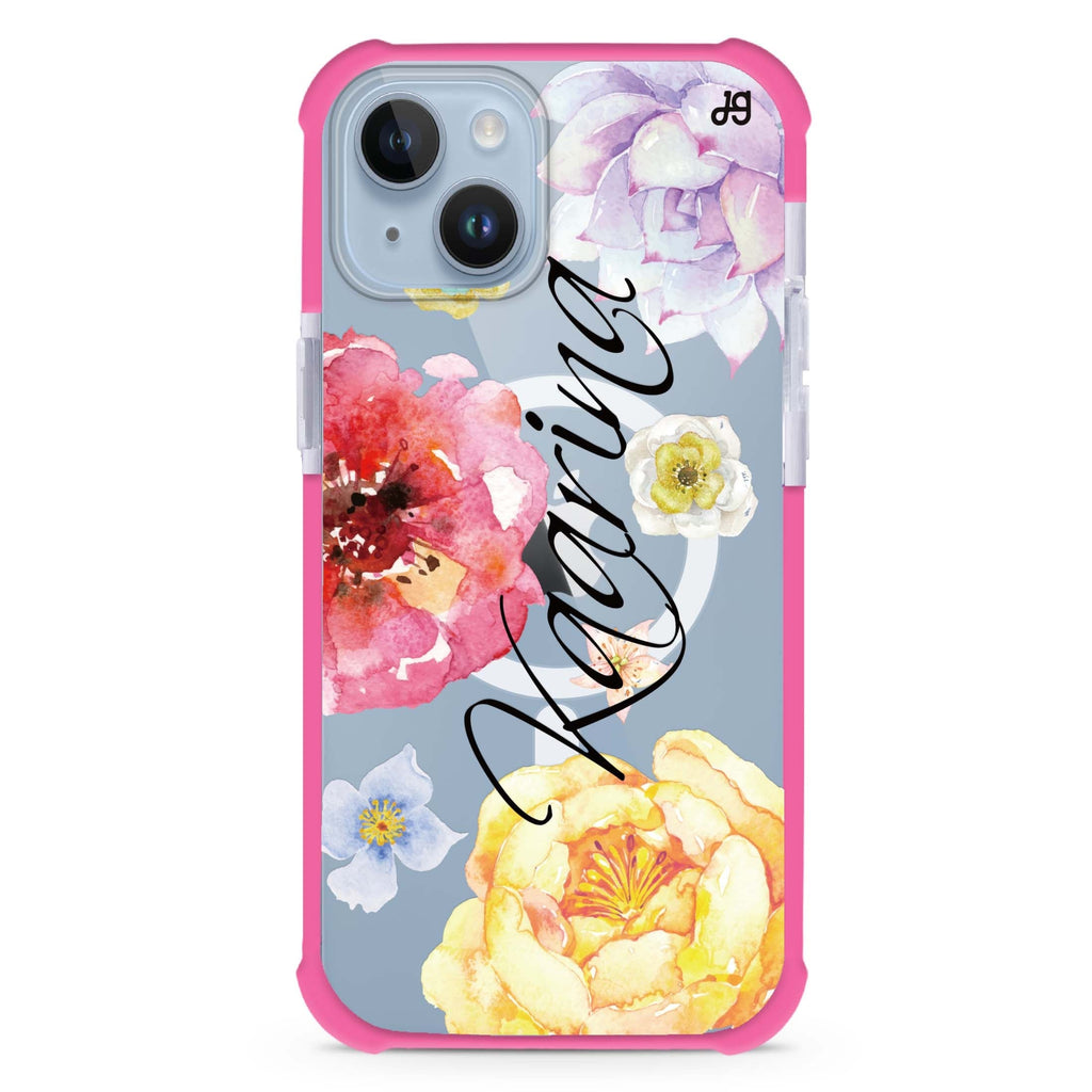 Colorful Watercolor Flowers iPhone 15 Plus Magsafe 兼容超強防摔保護殼