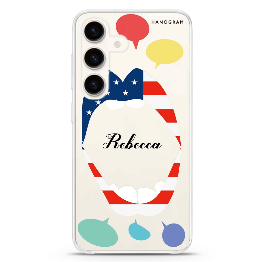 Speak up US Samsung Galaxy S26/S25/S24 可加名字水晶透明保護殼正面展示