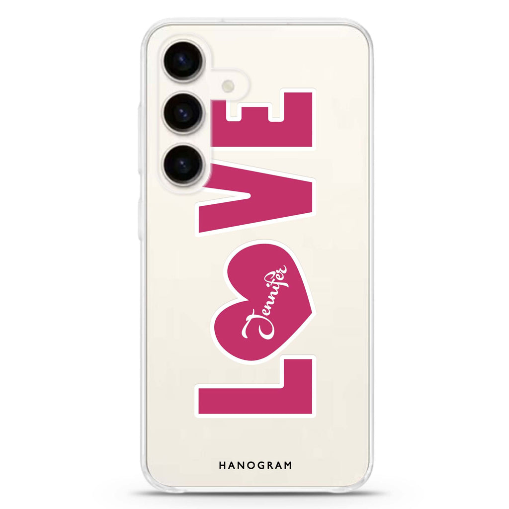 Unique Love Samsung Galaxy S26/S25/S24 可加名字水晶透明保護殼正面展示