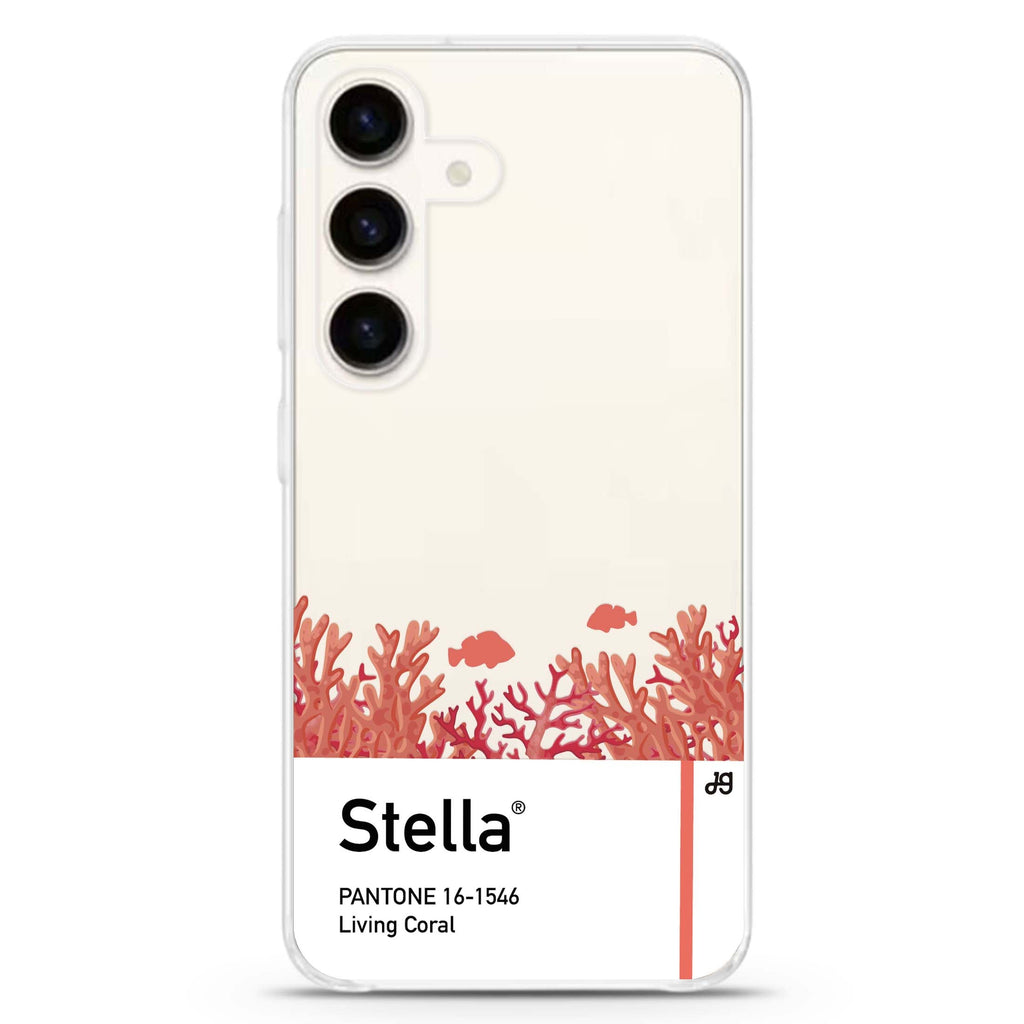 #16-1546 Living Coral I Samsung Galaxy S26/S25/S24 可加名字水晶透明保護殼正面展示