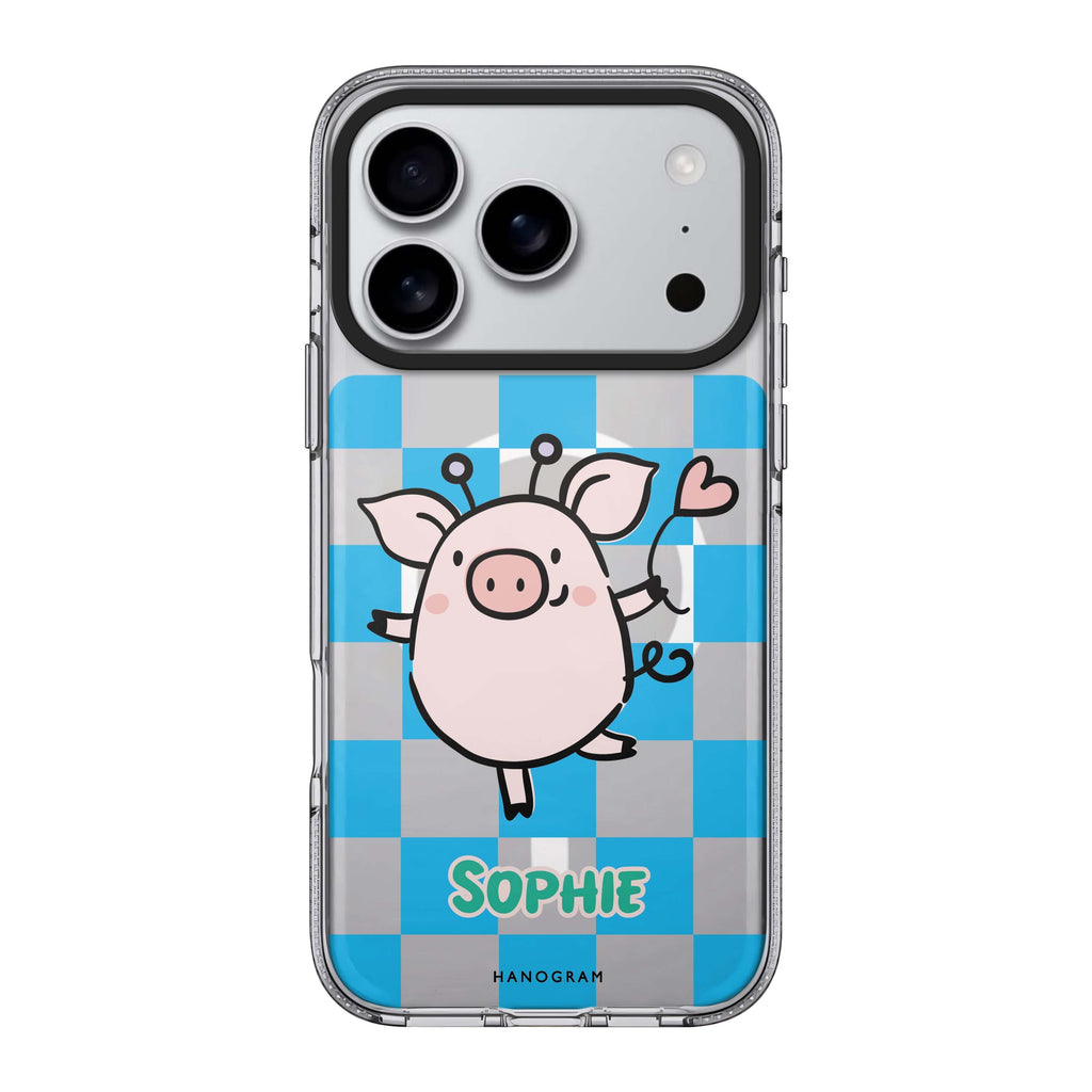 Happy Pig iPhone 17 Pro Max MagSafe 水晶透明保護殼 小豬圖案設計 可自訂名字 圖1