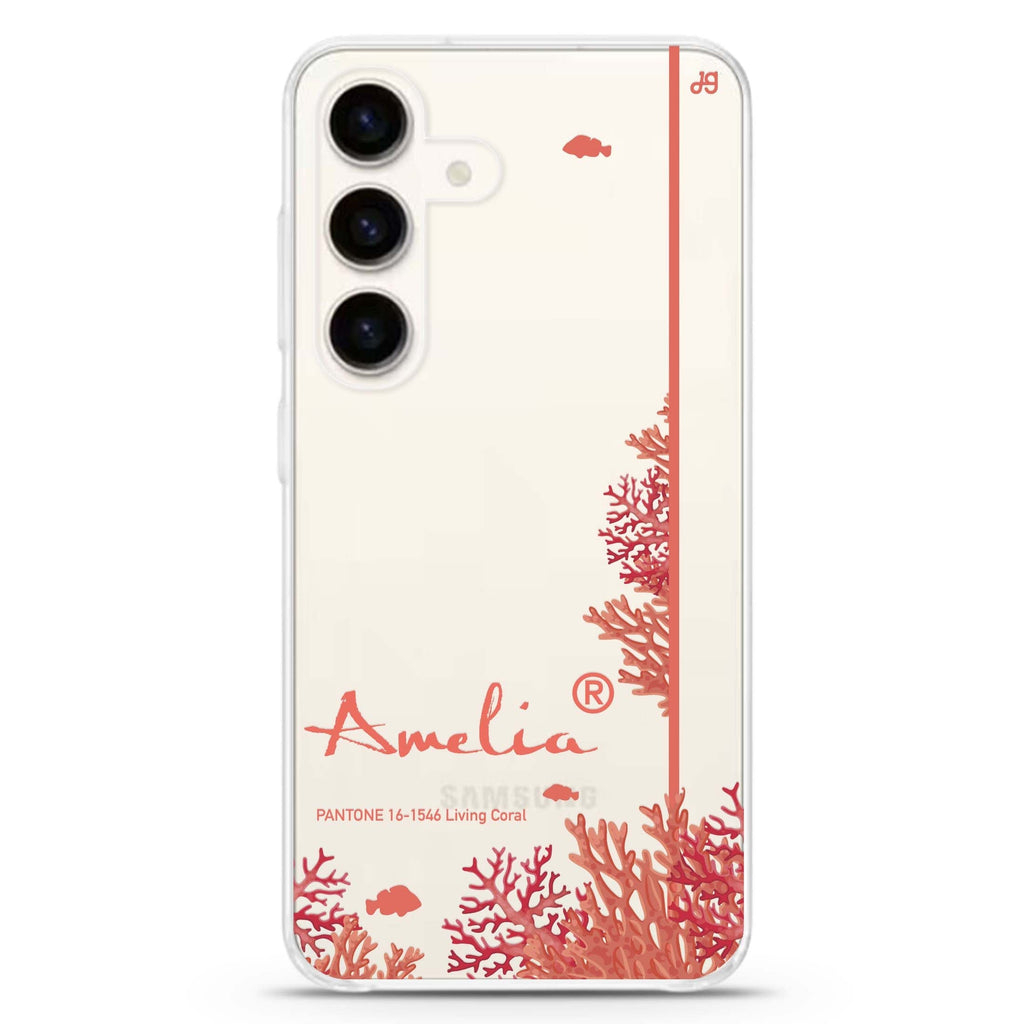 #16-1546 Living Coral II Samsung Galaxy S26/S25/S24 可加名字水晶透明保護殼正面展示