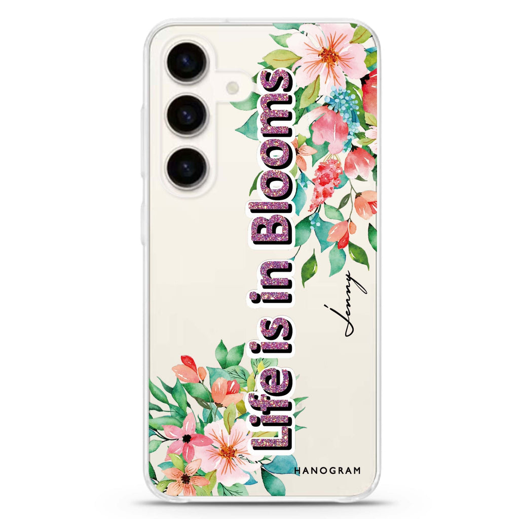 Life is in Blooms Samsung Galaxy S26/S25/S24 可加名字水晶透明保護殼正面展示