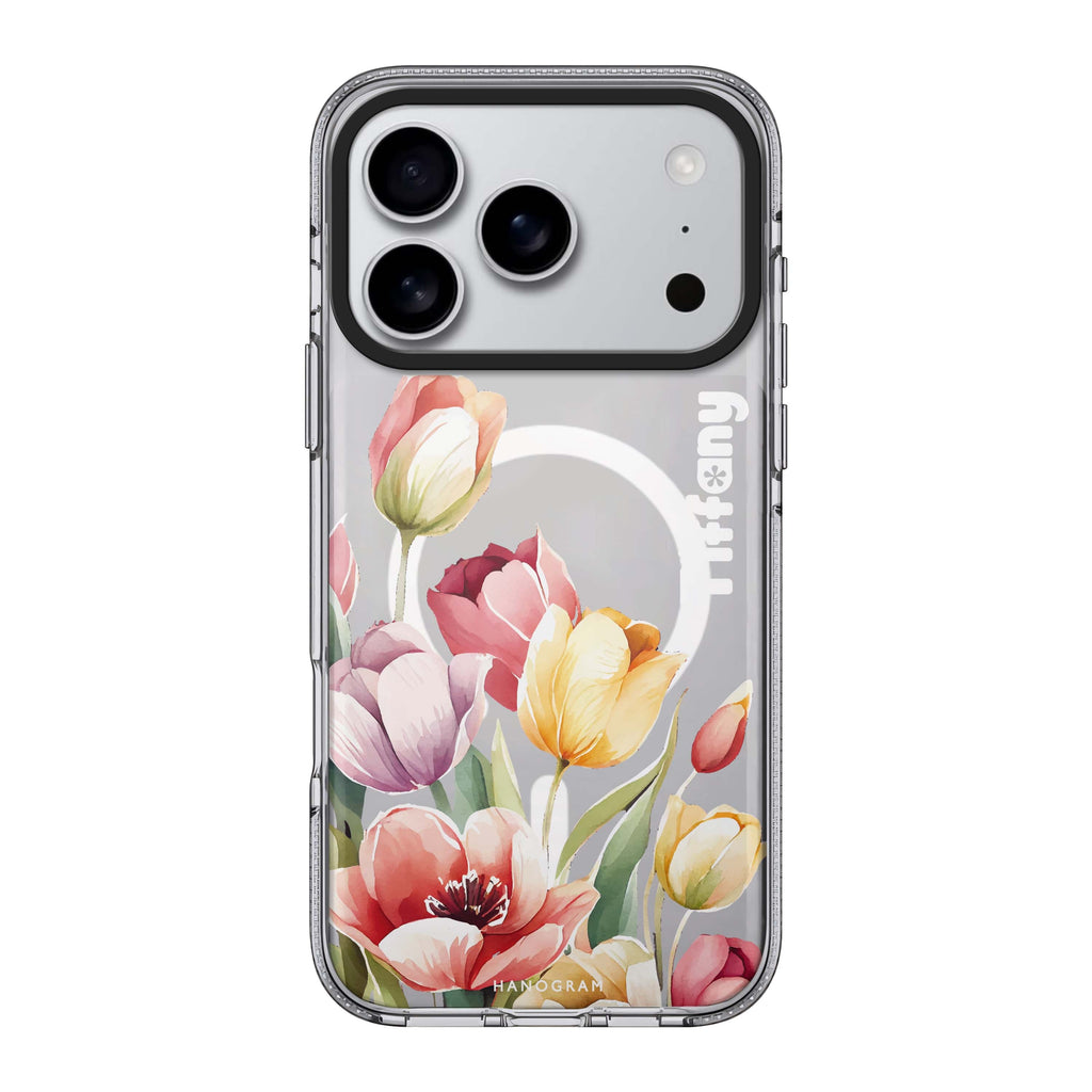 Watercolor tulip iPhone 17 Pro Max MagSafe 水晶透明保護殼 花卉圖案設計 可自訂名字 圖1