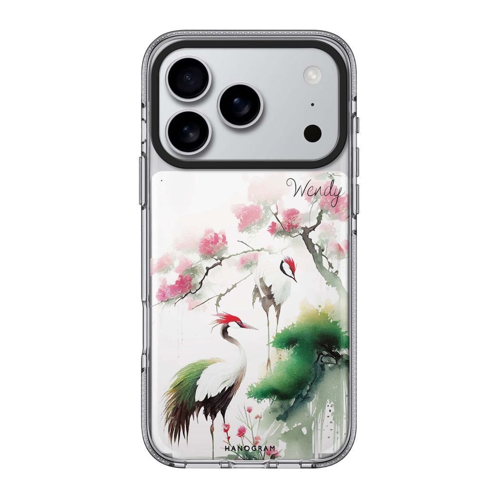 Pines & cranes 款式 1 iPhone 17 Pro Max MagSafe 水晶透明保護殼 鳥圖案設計 可自訂名字 圖1