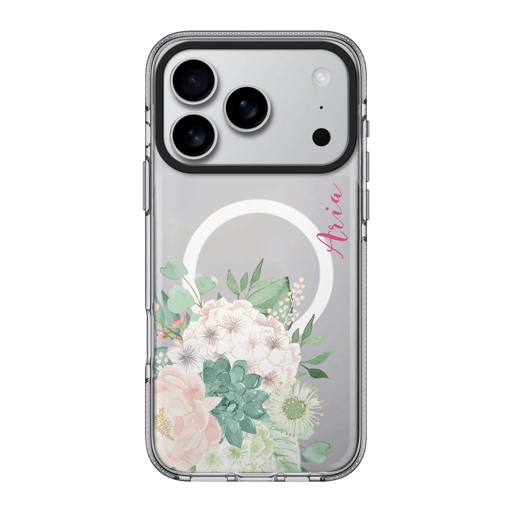 Vintage Flowers iPhone 17 Pro Max MagSafe 水晶透明保護殼 花卉圖案設計 可自訂名字及字色 圖1