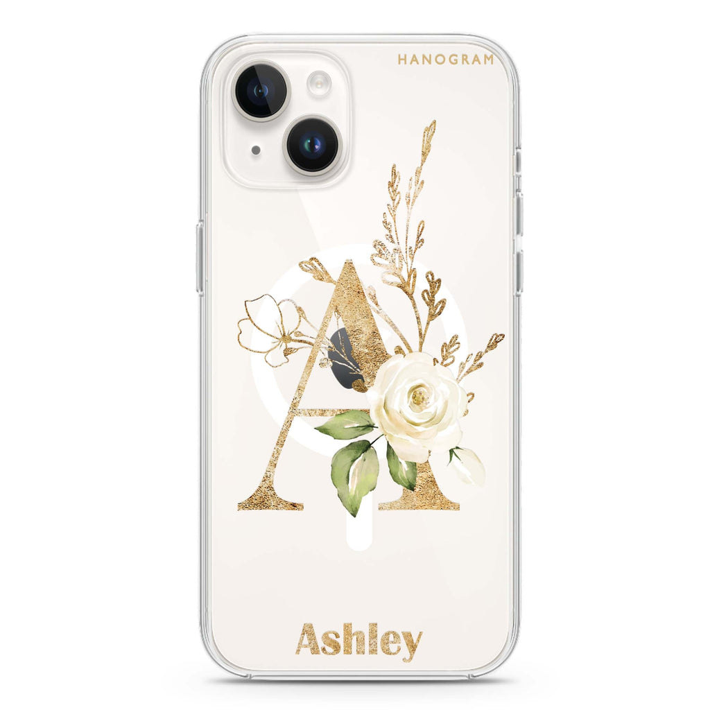 Golden Floral Monogram iPhone 15 Magsafe 兼容水晶透明保護殼