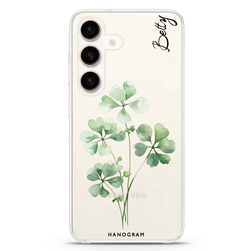Luck's Leaf Samsung Galaxy S26/S25/S24 可加名字水晶透明保護殼正面展示
