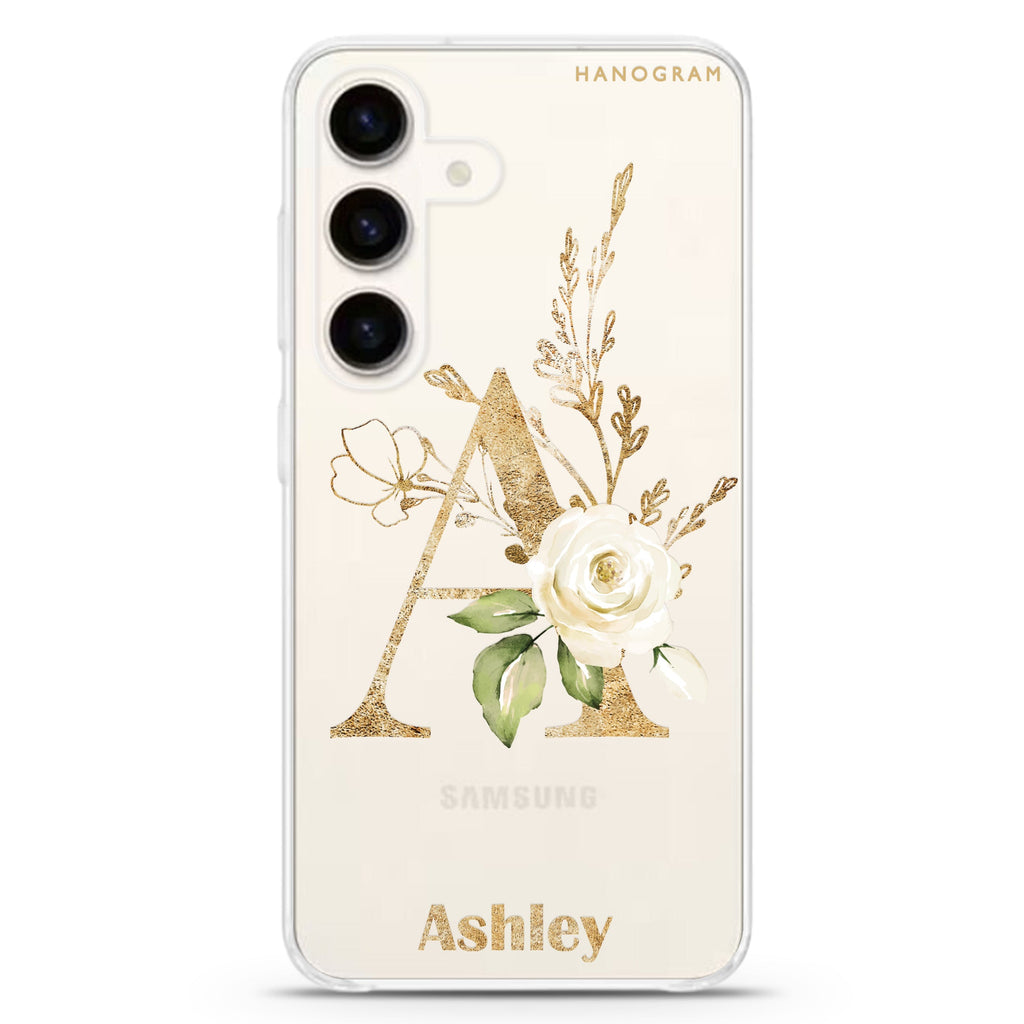 Golden Floral Monogram Samsung Galaxy S26/S25/S24 水晶透明保護殼正面展示