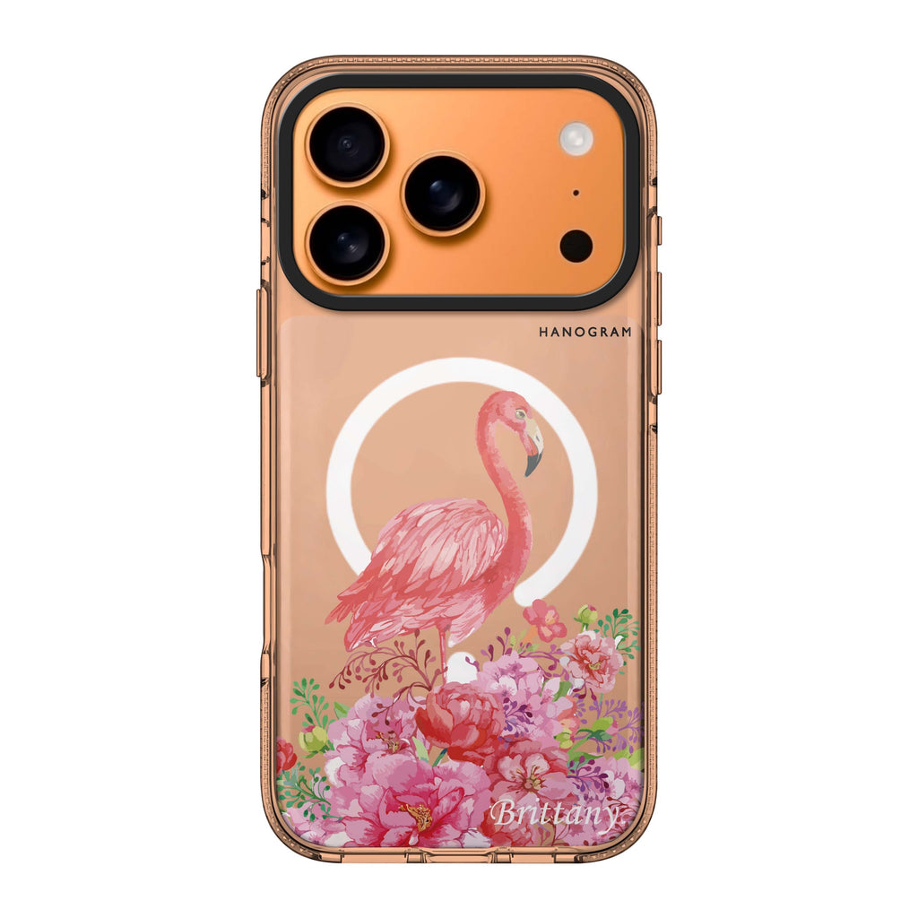 Flamingo & Flower iPhone 17 Pro Max MagSafe 水晶透明保護殼 火鶴圖案設計 可自訂名字 圖1