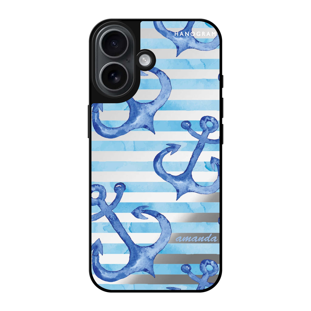 Reflective iPhone 16 Mirror Case –Blue Anchor Design