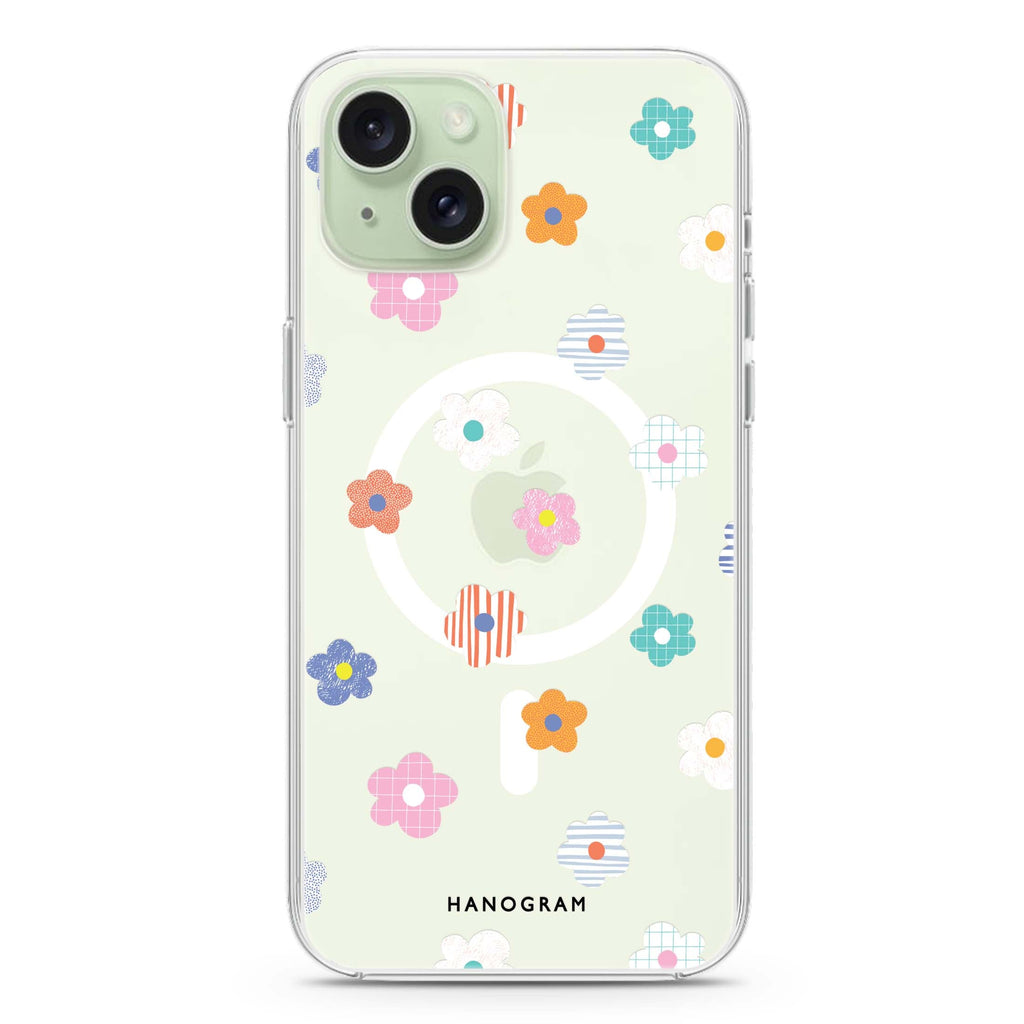 Floral Pattern iPhone 15 Magsafe 兼容水晶透明保護殼