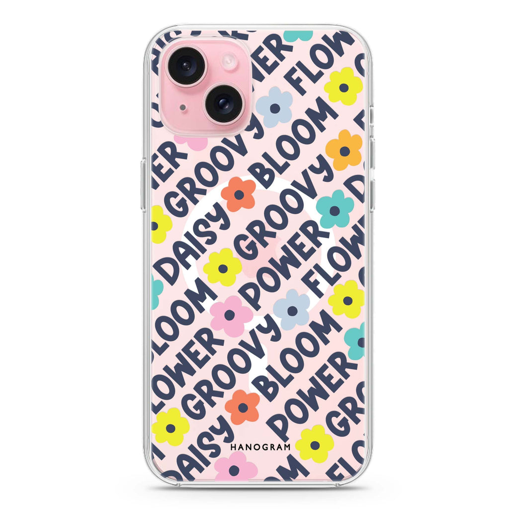 Groovy Flower iPhone 15 Plus Magsafe 兼容水晶透明保護殼