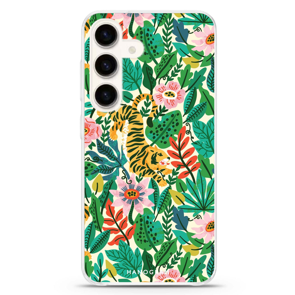 Tiger & Floral Samsung Galaxy S26/S25/S24 水晶透明保護殼正面展示