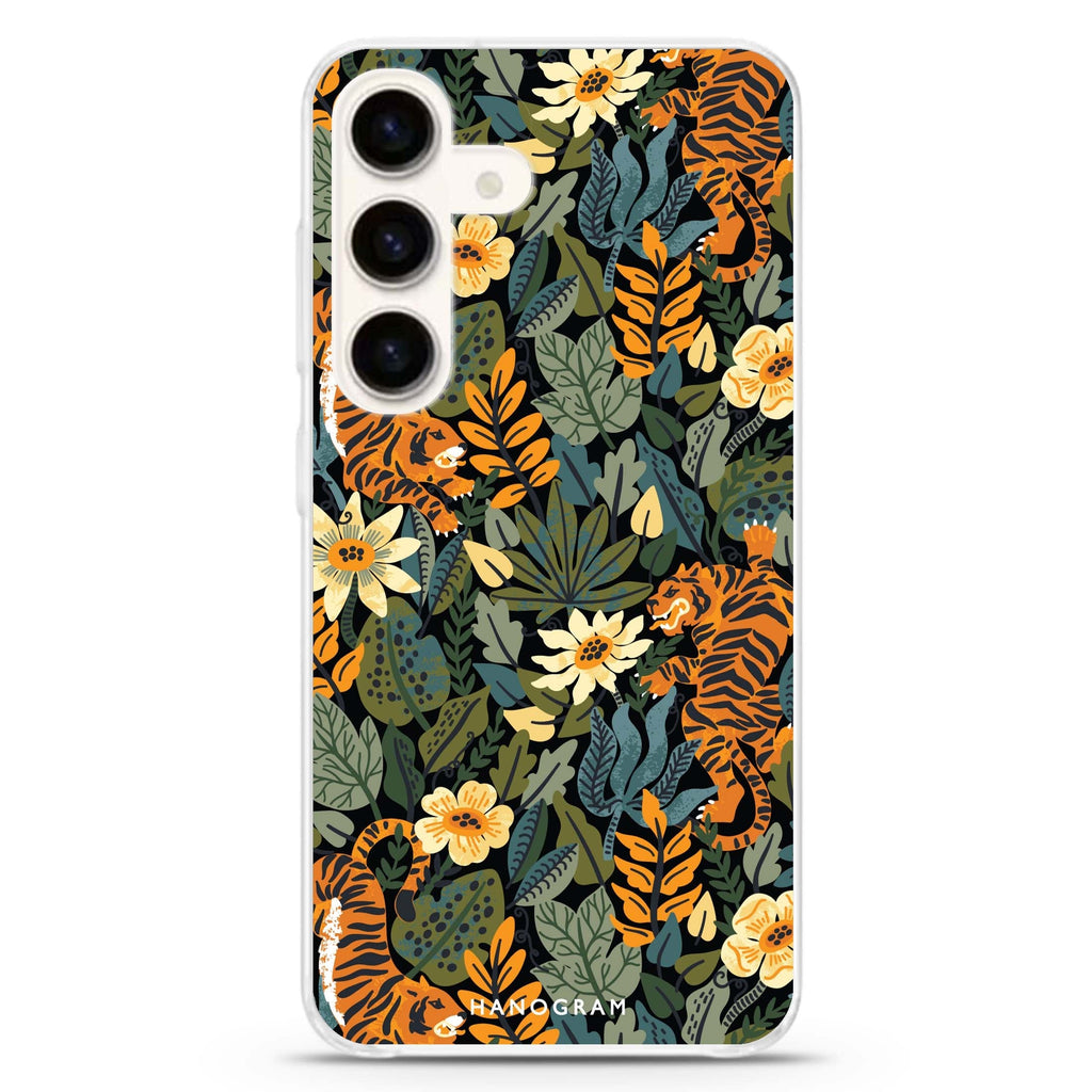 Tiger & Floral Samsung Galaxy S26/S25/S24 水晶透明保護殼正面展示