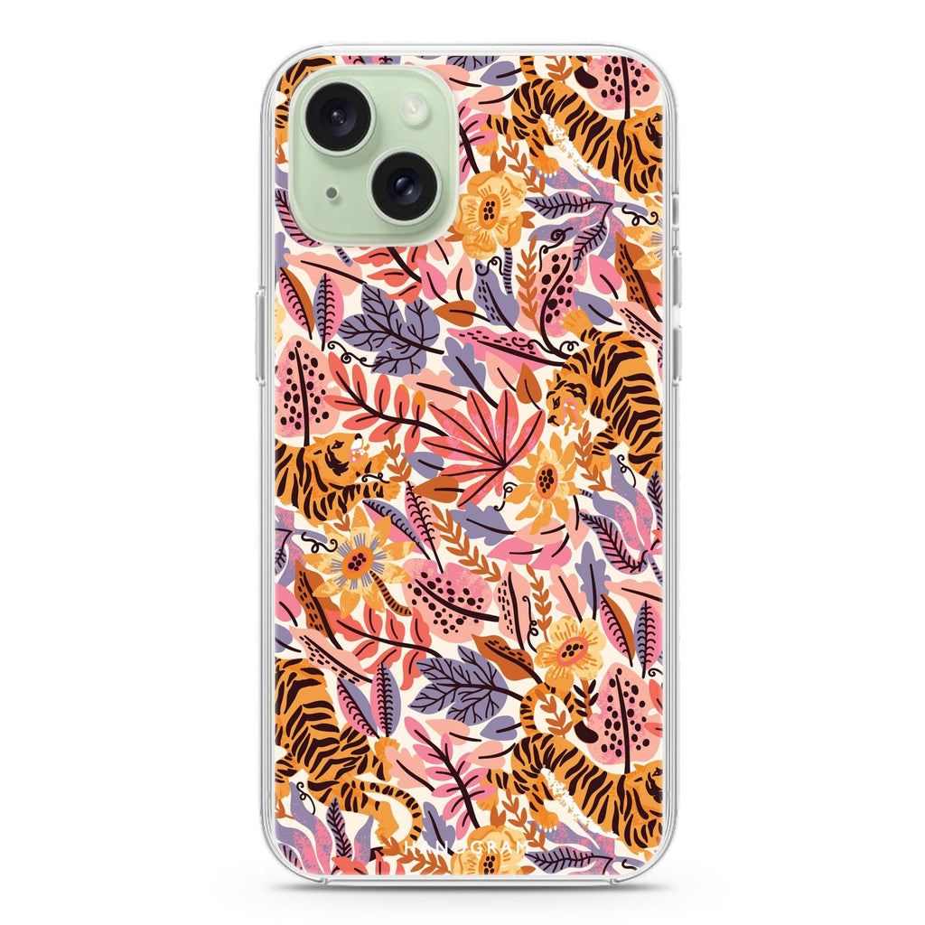 Tiger & Floral iPhone 15 Plus Magsafe 兼容水晶透明保護殼