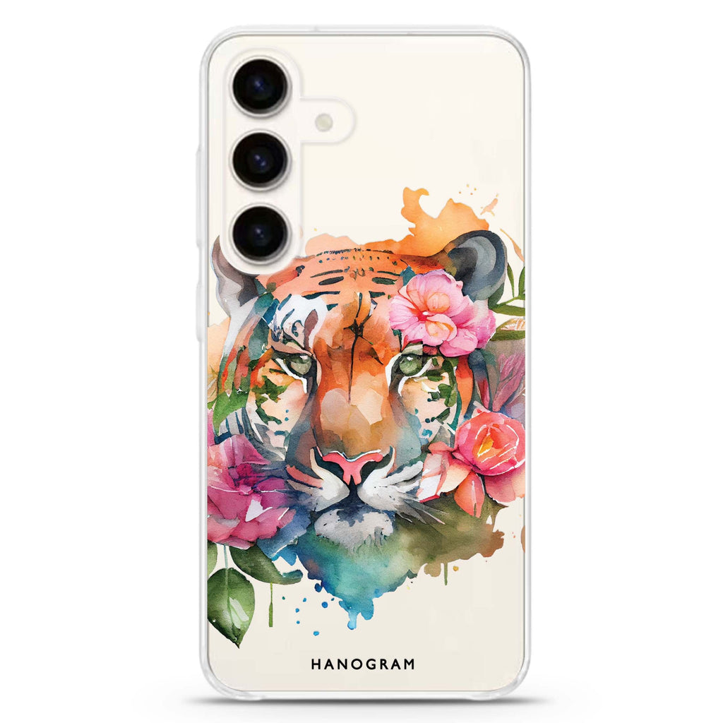 Floral Tiger Samsung Galaxy S26/S25/S24 水晶透明保護殼正面展示