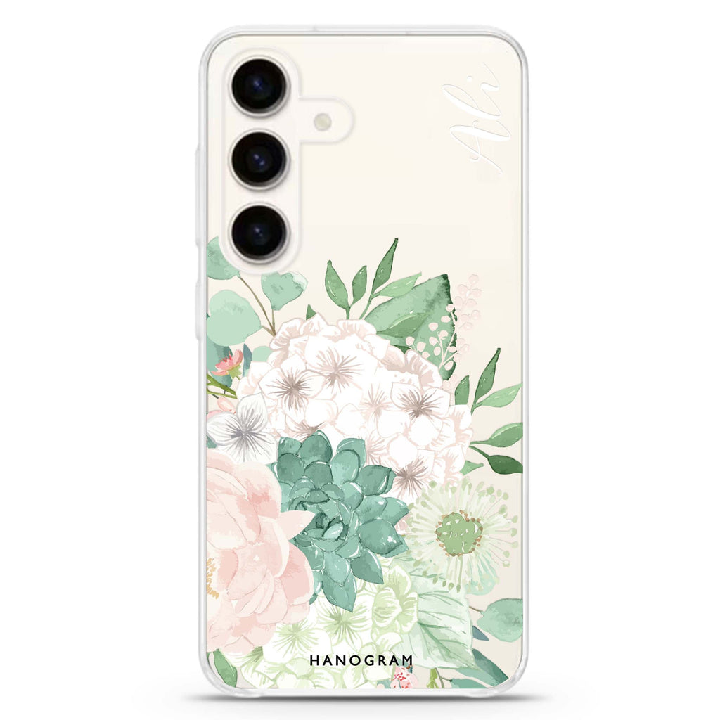 Vintage Flowers Samsung Galaxy S26/S25/S24 可加名字水晶透明保護殼正面展示