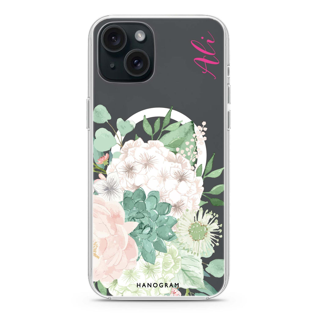 Vintage Flowers iPhone 15 Plus Magsafe 兼容水晶透明保護殼