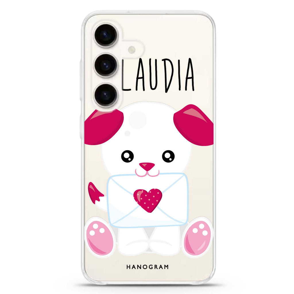 Lovely Dog Samsung Galaxy S26/S25/S24 可加名字水晶透明保護殼正面展示