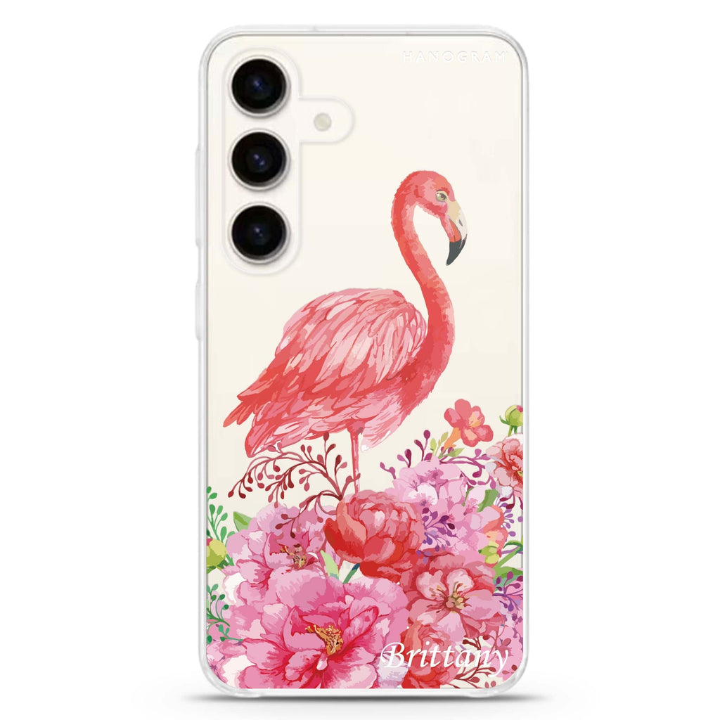 Flamingo & Flower Samsung Galaxy S26/S25/S24 可加名字水晶透明保護殼正面展示