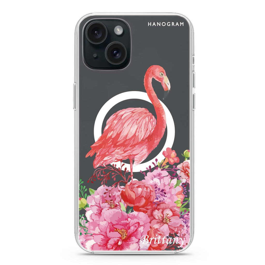 Flamingo & Flower iPhone 15 Magsafe 兼容水晶透明保護殼