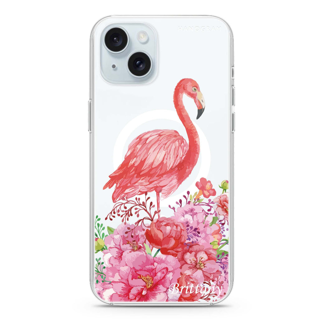 Flamingo & Flower iPhone 15 Plus Magsafe 兼容水晶透明保護殼