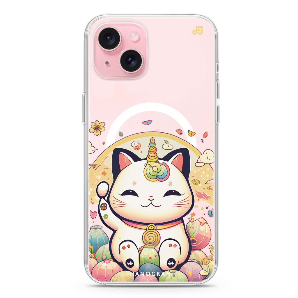 Cute Lucky Cat iPhone 15 Plus Magsafe 兼容水晶透明保護殼