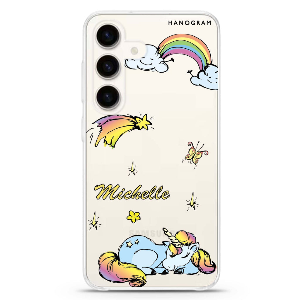 Rainbow Unicorn Samsung Galaxy S26/S25/S24 可加名字水晶透明保護殼正面展示