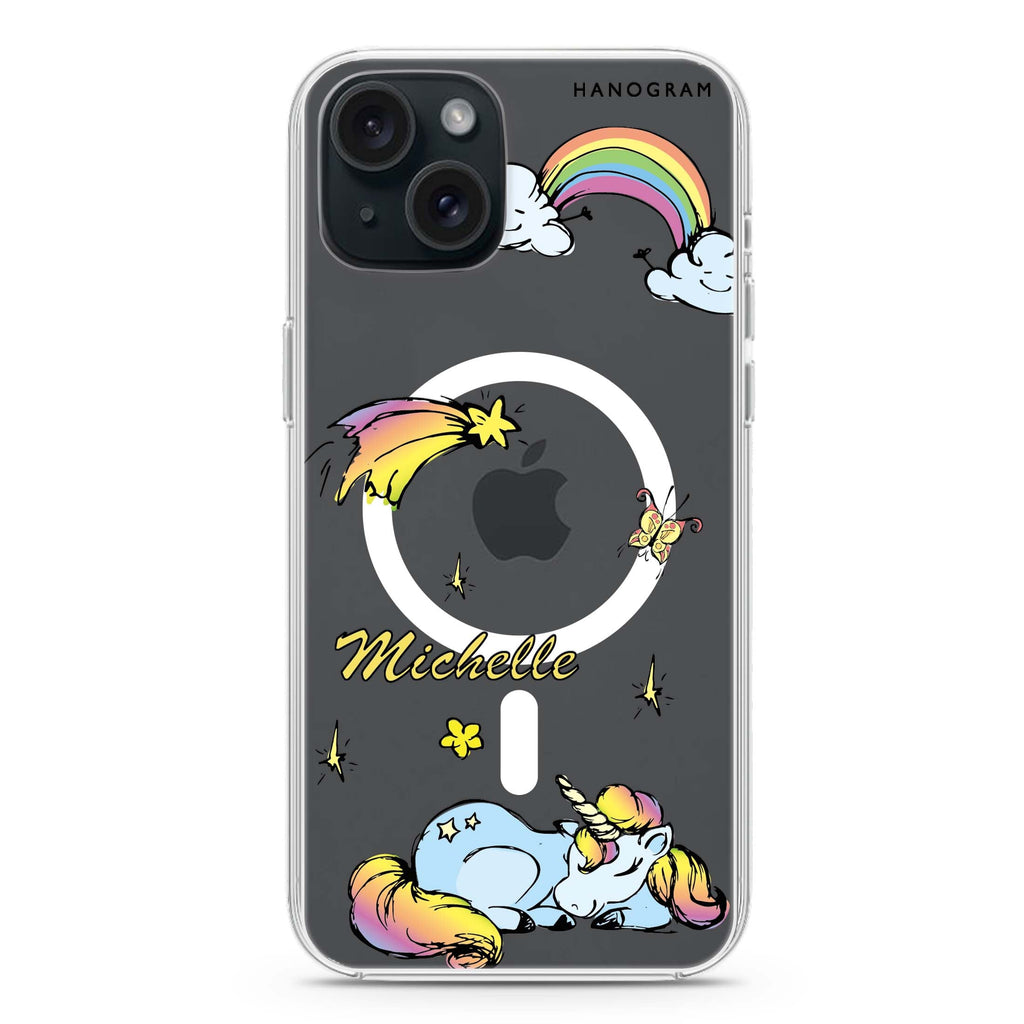 Rainbow Unicorn iPhone 15 Magsafe 兼容水晶透明保護殼