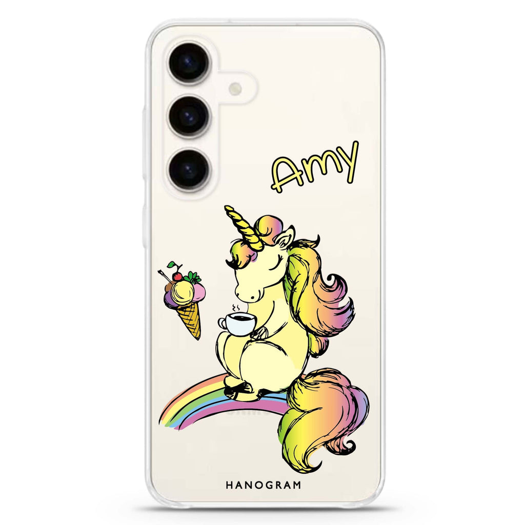 Cute Unicorn Samsung Galaxy S26/S25/S24 可加名字水晶透明保護殼正面展示