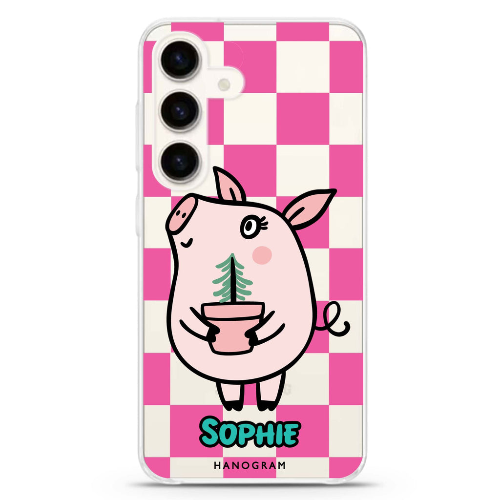 Lovely Pig Samsung Galaxy S26/S25/S24 可加名字水晶透明保護殼正面展示