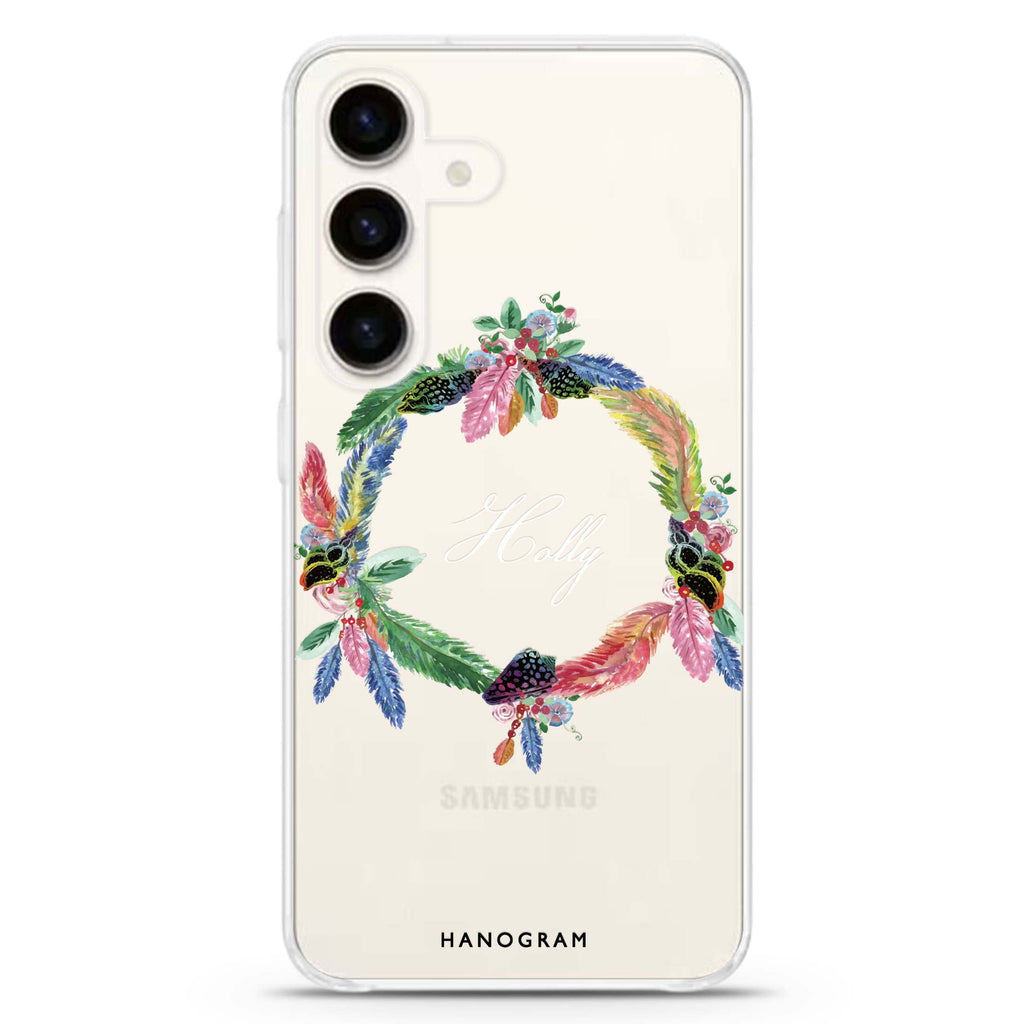 Watercolour Feather Samsung Galaxy S26/S25/S24 可加名字水晶透明保護殼正面展示