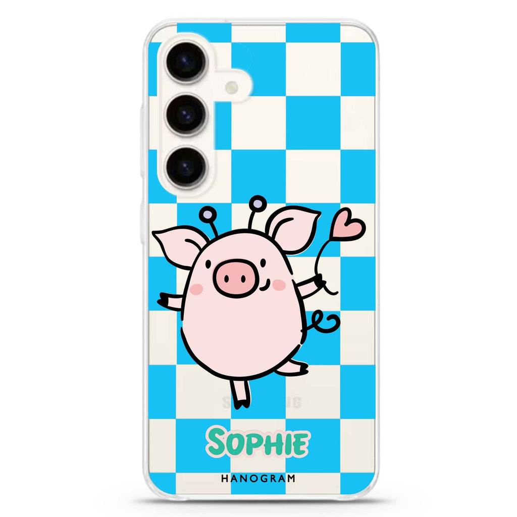 Happy Pig Samsung Galaxy S26/S25/S24 可加名字水晶透明保護殼正面展示