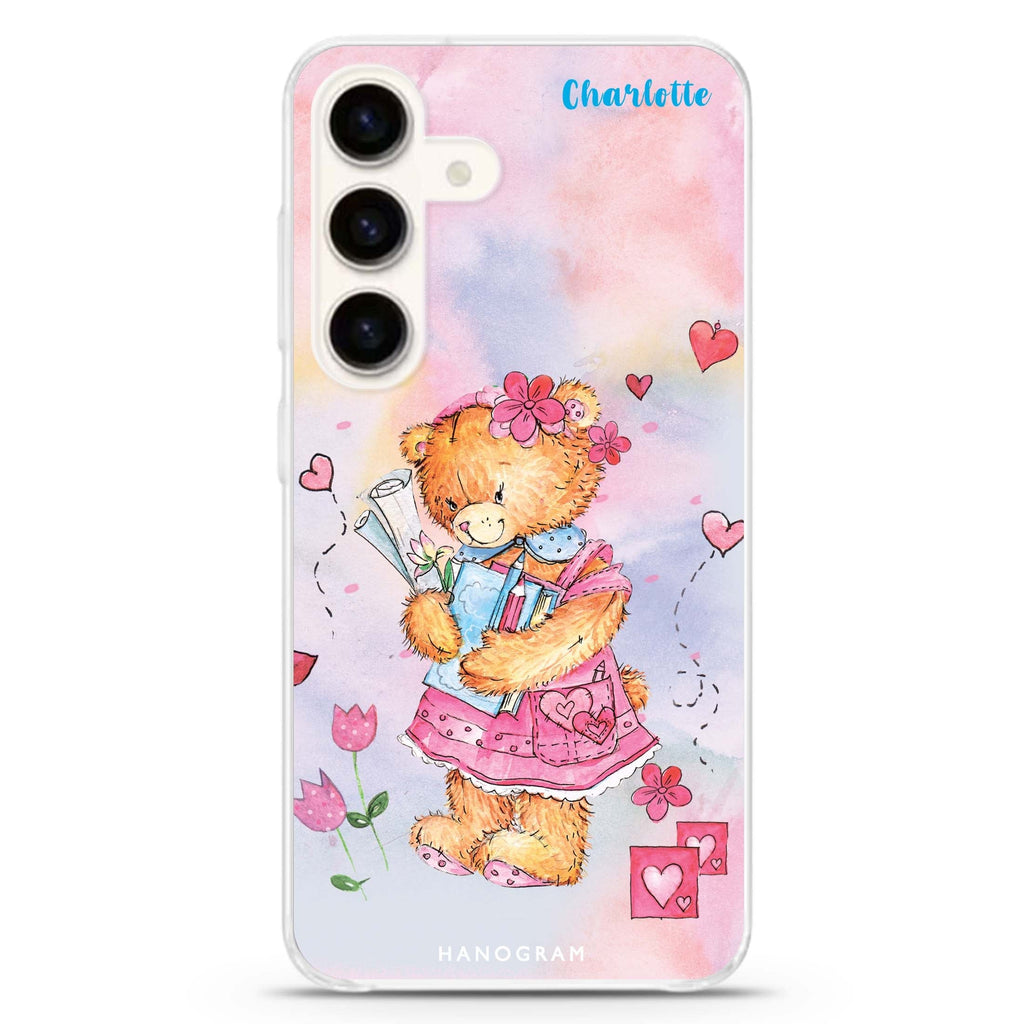 Sweet Heart Bear Samsung Galaxy S26/S25/S24 可加名字水晶透明保護殼正面展示
