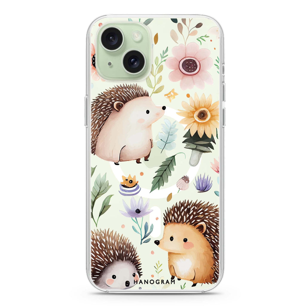 Hedgehog & Floral iPhone 15 Magsafe 兼容水晶透明保護殼