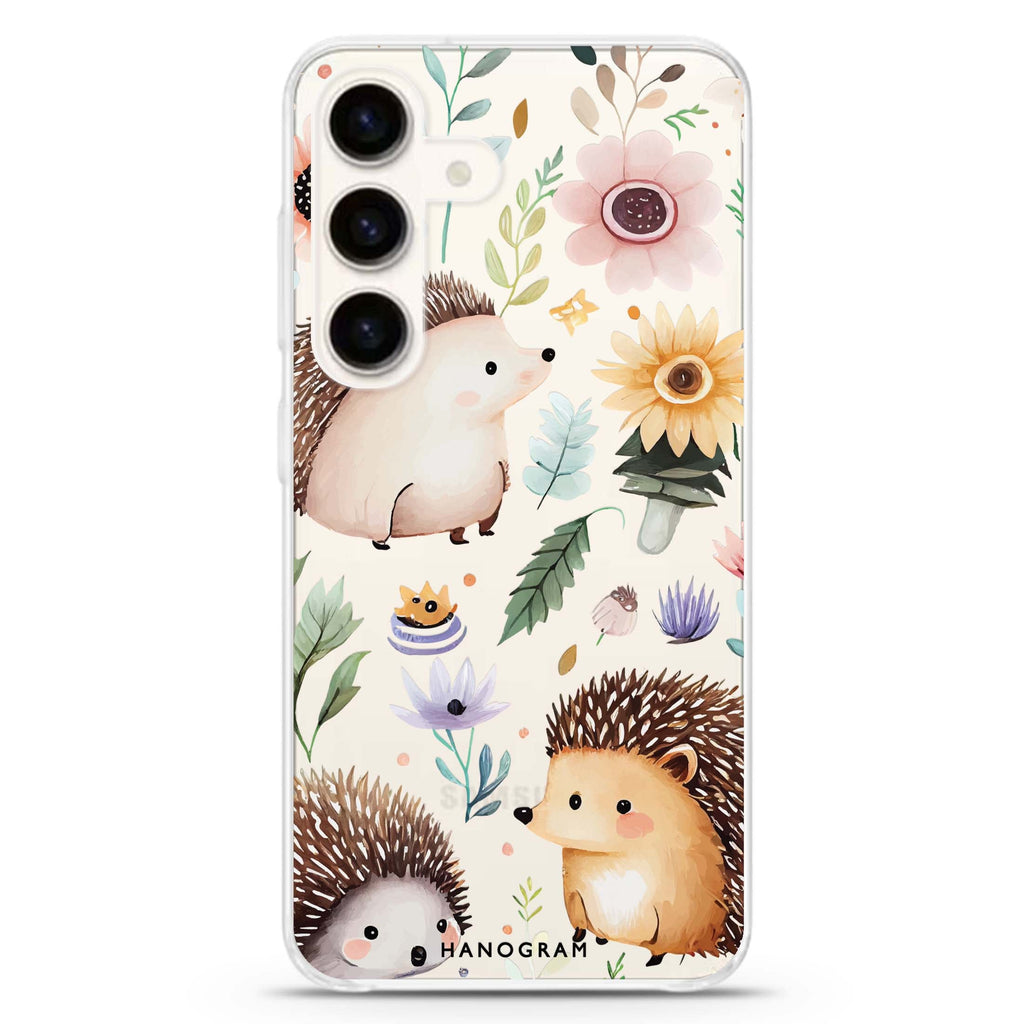 Hedgehog & Floral Samsung Galaxy S26/S25/S24 水晶透明保護殼正面展示