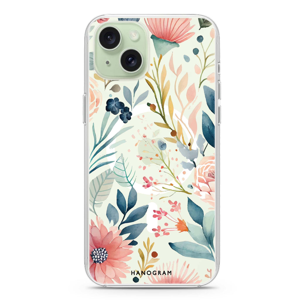 Floral Pattern iPhone 15 Magsafe 兼容水晶透明保護殼