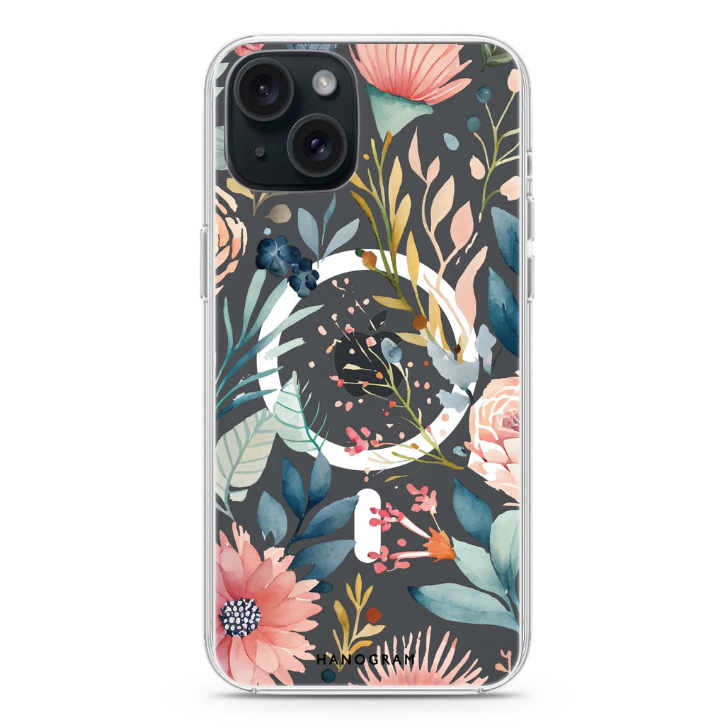 Floral Pattern iPhone 15 Plus Magsafe 兼容水晶透明保護殼