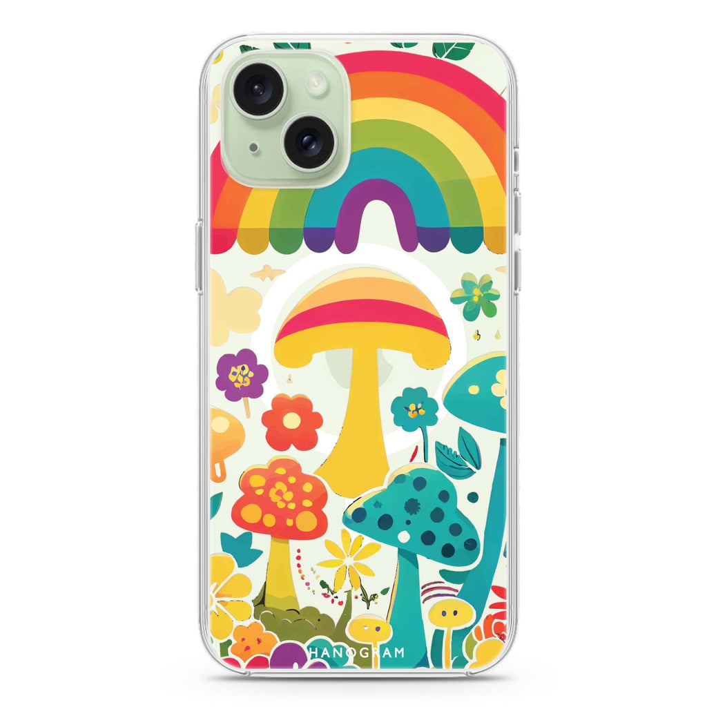 Rainbow Mushroom Garden iPhone 15 Plus Magsafe 兼容水晶透明保護殼