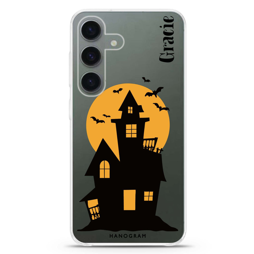 Moonlit Haunted House Samsung Galaxy S26/S25/S24 可加名字水晶透明保護殼正面展示