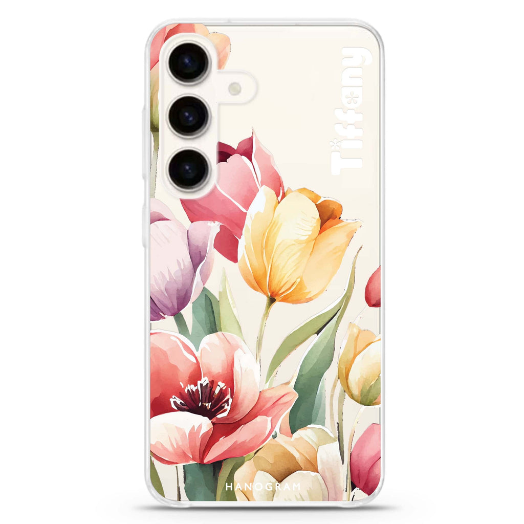 Watercolor tulip Samsung Galaxy S26/S25/S24 可加名字水晶透明保護殼正面展示