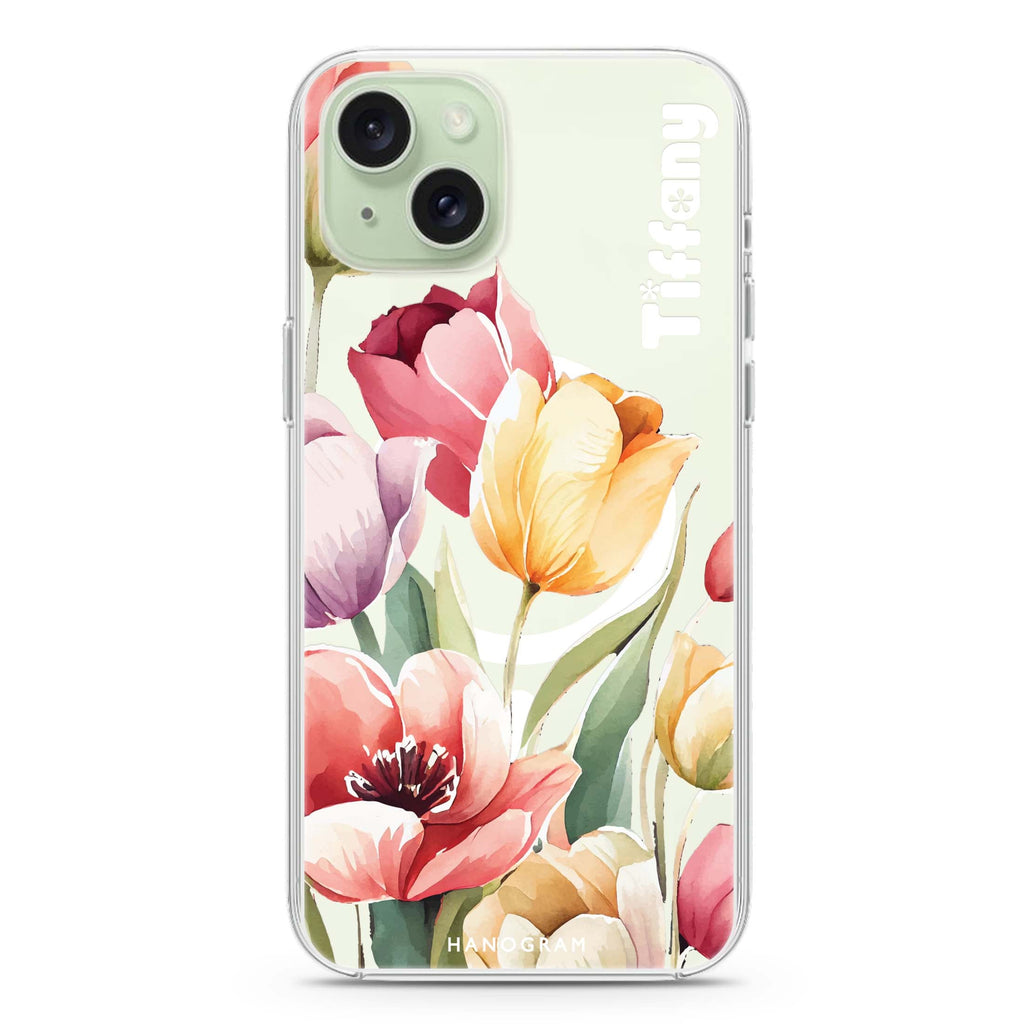Watercolor tulip iPhone 15 Plus Magsafe 兼容水晶透明保護殼