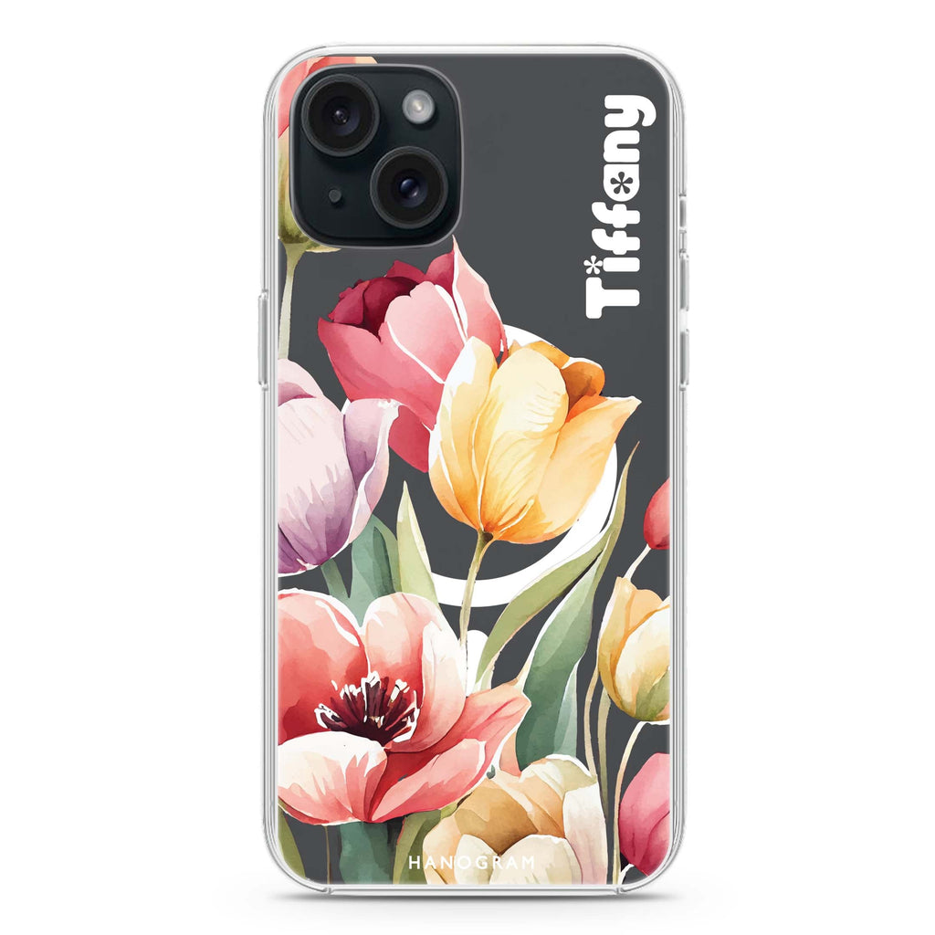 Watercolor tulip iPhone 15 Magsafe 兼容水晶透明保護殼