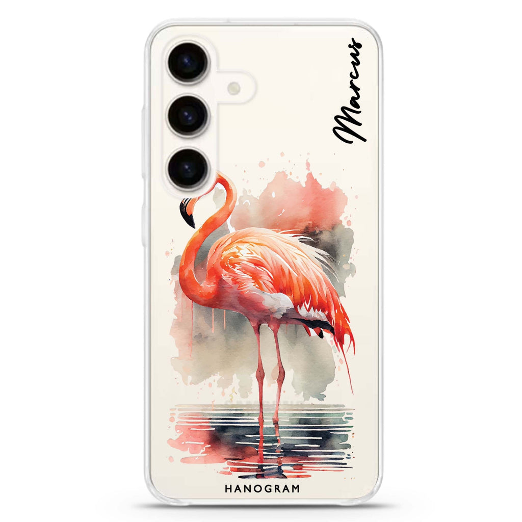 Flamingo in water Samsung Galaxy S26/S25/S24 可加名字水晶透明保護殼正面展示