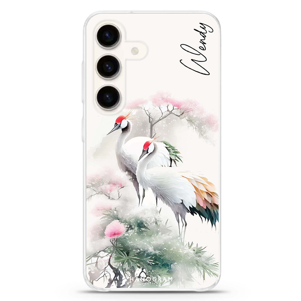 Pines & cranes Samsung Galaxy S26/S25/S24 可加名字水晶透明保護殼正面展示
