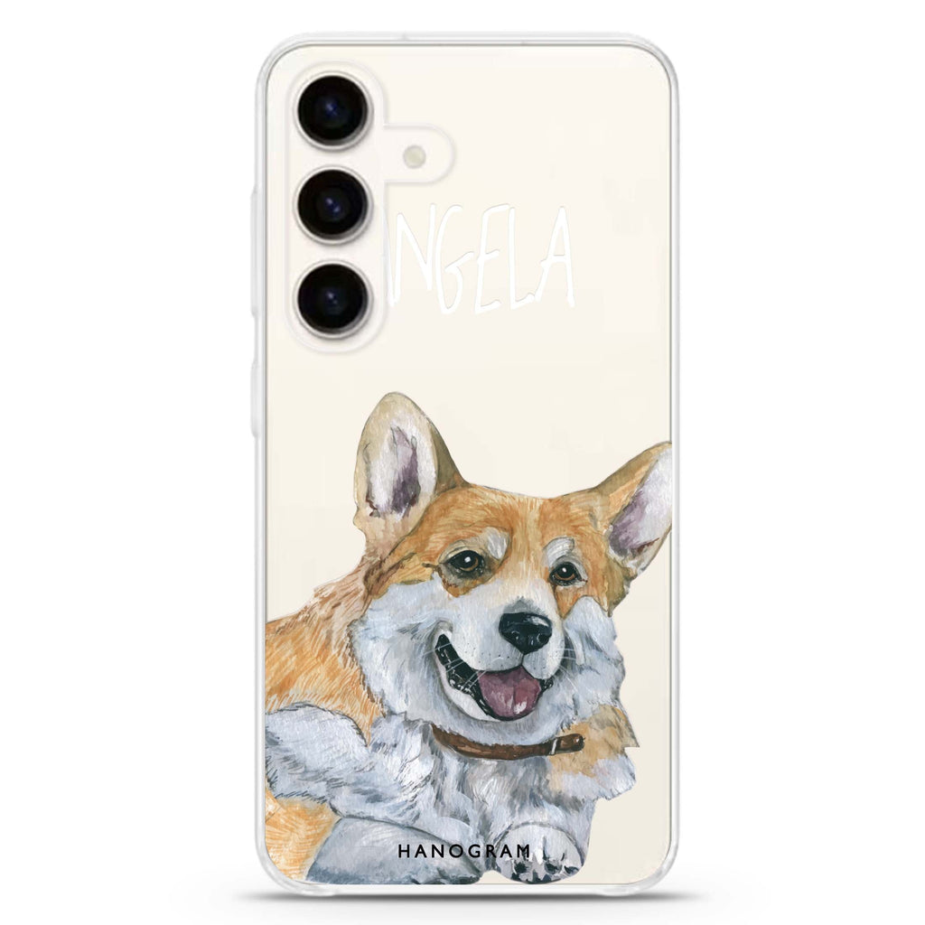 Corgi Samsung Galaxy S26/S25/S24 可加名字水晶透明保護殼正面展示